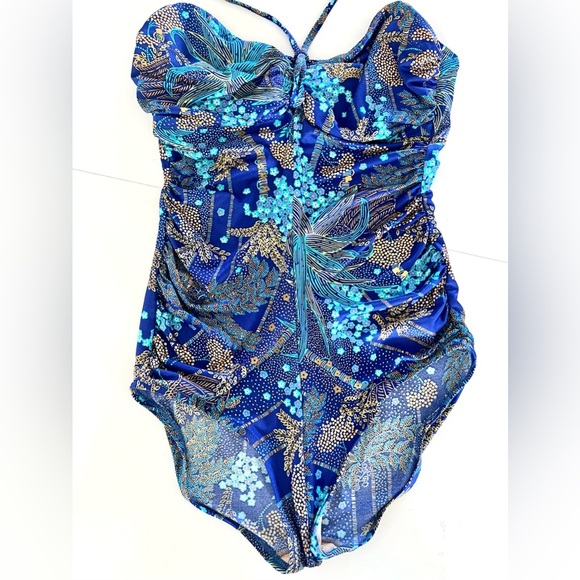 Vintage‎ 70s DeWeese Design Halter Tie Blue Tropical Swimsuit - Picture 4 of 12